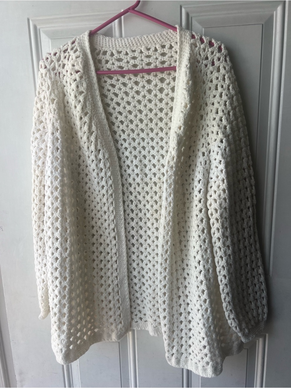 Open-Weave Crochet Cardigan Sweater in Ivory
